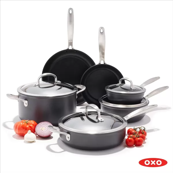 OXO Good Grips 10 Piece Cookware Pots and Pans Set, 3-Layered German Engineered Nonstick Coating, Stainless Steel Handle with Nonslip Silicone, Gray,Black