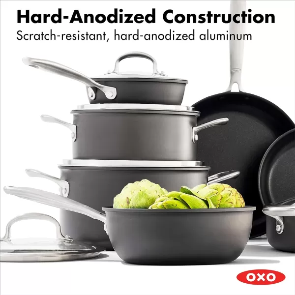 OXO Good Grips 10 Piece Cookware Pots and Pans Set, 3-Layered German Engineered Nonstick Coating, Stainless Steel Handle with Nonslip Silicone, Gray,Black