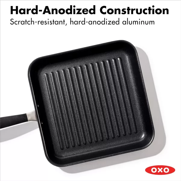 OXO Good Grips 11” Square Grill Pan, 3-Layered German Engineered Nonstick Coating, Stainless Steel Handle with Nonslip Silicone, Black