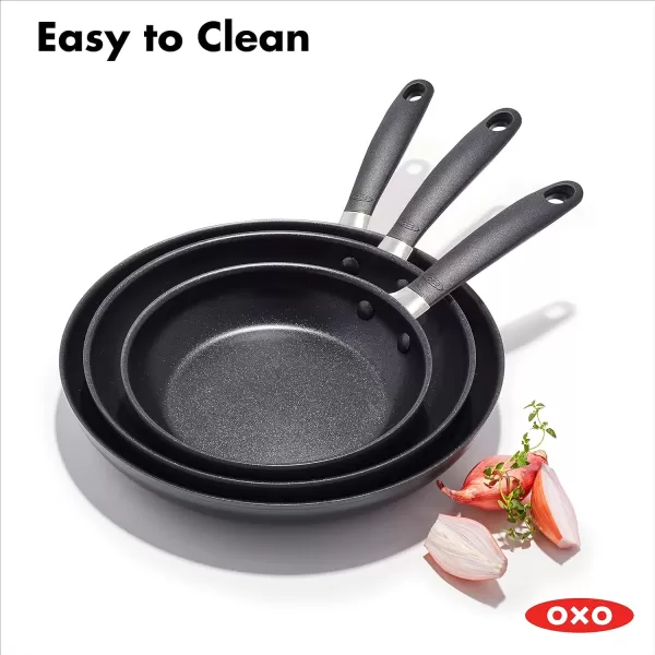 OXO Good Grips 8" 10" and 12" Frying Pan Skillet Set, 3-Layered German Engineered Nonstick Coating, Stainless Steel Handle with Nonslip Silicone, Black
