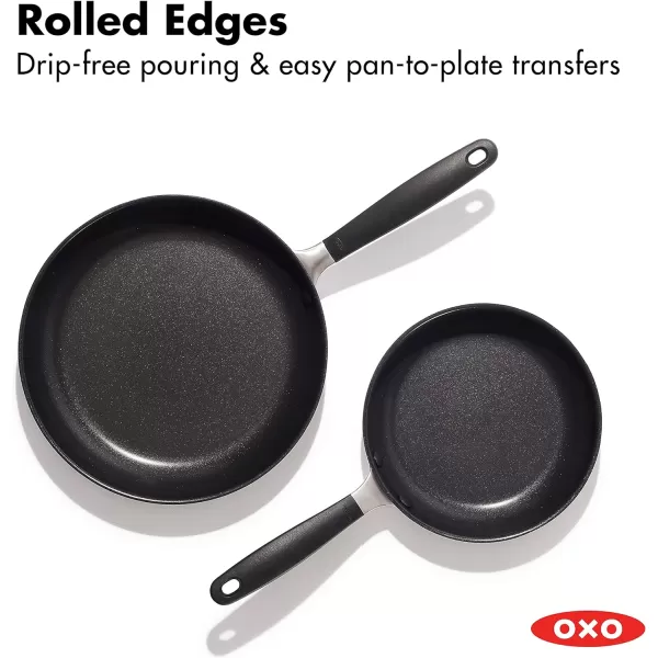 OXO Good Grips 8" 10" and 12" Frying Pan Skillet Set, 3-Layered German Engineered Nonstick Coating, Stainless Steel Handle with Nonslip Silicone, Black