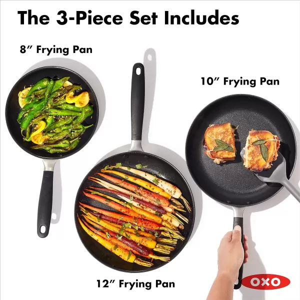 OXO Good Grips 8" 10" and 12" Frying Pan Skillet Set, 3-Layered German Engineered Nonstick Coating, Stainless Steel Handle with Nonslip Silicone, Black