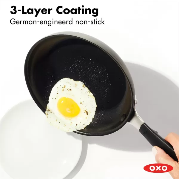 OXO Good Grips 8" 10" and 12" Frying Pan Skillet Set, 3-Layered German Engineered Nonstick Coating, Stainless Steel Handle with Nonslip Silicone, Black