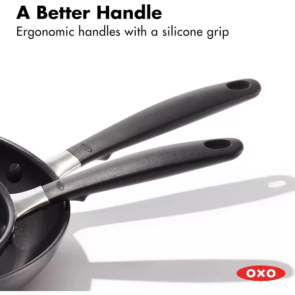 OXO Good Grips 8" 10" and 12" Frying Pan Skillet Set, 3-Layered German Engineered Nonstick Coating, Stainless Steel Handle with Nonslip Silicone, Black