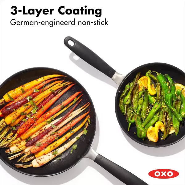 OXO Good Grips 8" 10" and 12" Frying Pan Skillet Set, 3-Layered German Engineered Nonstick Coating, Stainless Steel Handle with Nonslip Silicone, Black