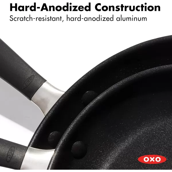 OXO Good Grips 8" 10" and 12" Frying Pan Skillet Set, 3-Layered German Engineered Nonstick Coating, Stainless Steel Handle with Nonslip Silicone, Black