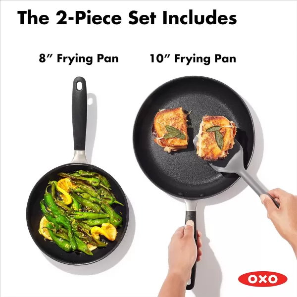 OXO Good Grips 8" 10" and 12" Frying Pan Skillet Set, 3-Layered German Engineered Nonstick Coating, Stainless Steel Handle with Nonslip Silicone, Black