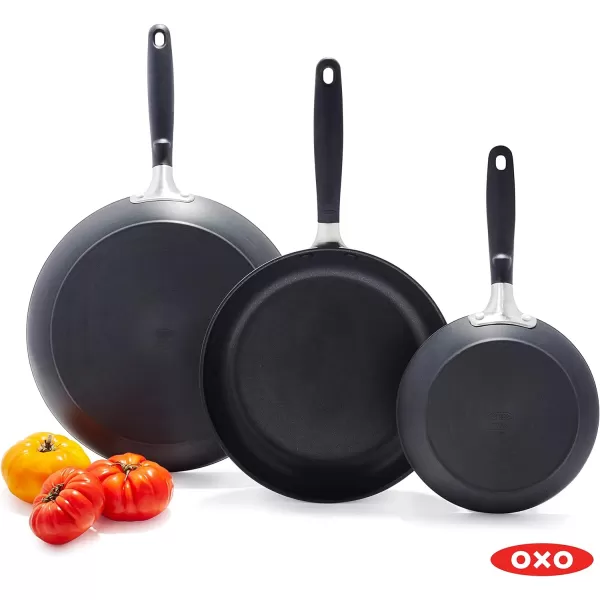 OXO Good Grips 8" 10" and 12" Frying Pan Skillet Set, 3-Layered German Engineered Nonstick Coating, Stainless Steel Handle with Nonslip Silicone, Black