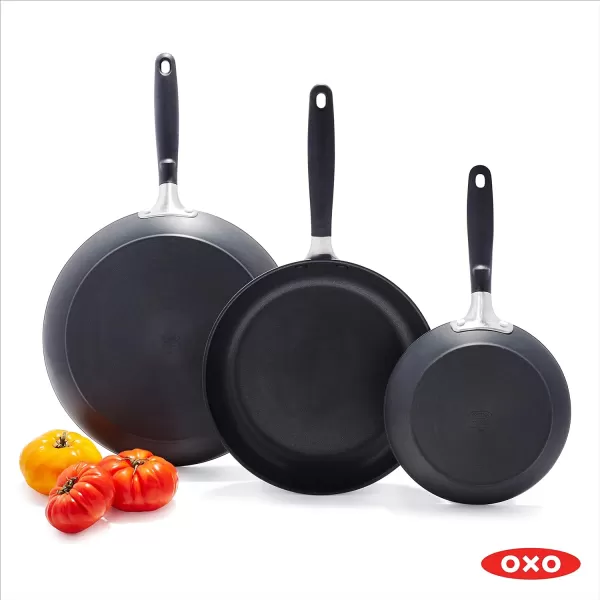 OXO Good Grips 8" 10" and 12" Frying Pan Skillet Set, 3-Layered German Engineered Nonstick Coating, Stainless Steel Handle with Nonslip Silicone, Black