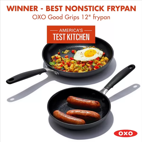 OXO Good Grips 8" 10" and 12" Frying Pan Skillet Set, 3-Layered German Engineered Nonstick Coating, Stainless Steel Handle with Nonslip Silicone, Black
