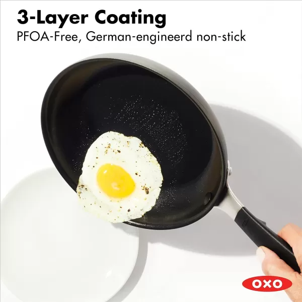 OXO Good Grips 8" Frying Pan Skillet, 3-Layered German Engineered Nonstick Coating, Stainless Steel Handle with Nonslip Silicone, Black