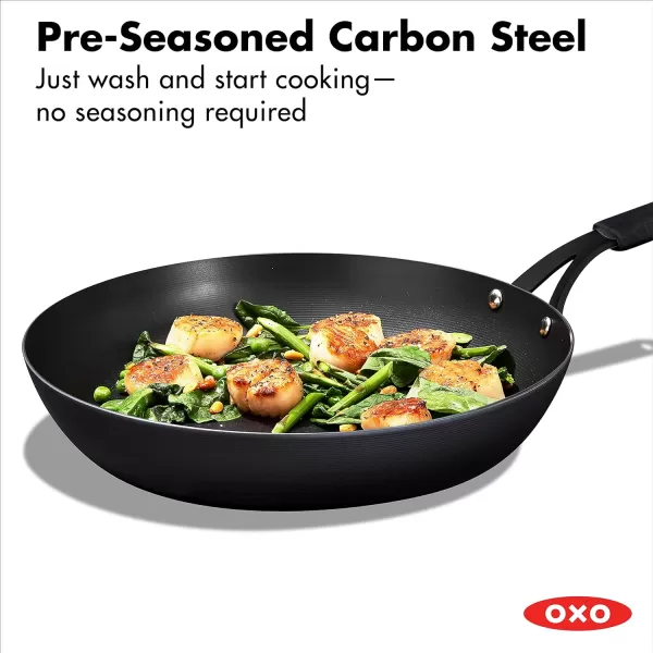 OXO Obsidian Pre-Seasoned Carbon Steel, 8" Frying Pan Skillet with Removable Silicone Handle Holder, Induction, Oven Safe, 1.8 Liters, Black