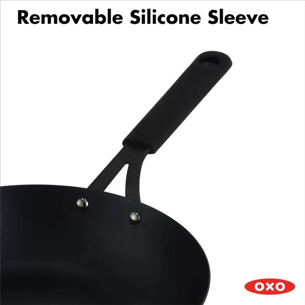 OXO Obsidian Pre-Seasoned Carbon Steel, 8" Frying Pan Skillet with Removable Silicone Handle Holder, Induction, Oven Safe, 1.8 Liters, Black