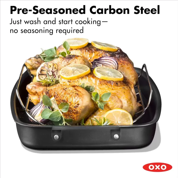 OXO Obsidian Pre-Seasoned Carbon Steel, 8" Frying Pan Skillet with Removable Silicone Handle Holder, Induction, Oven Safe, 1.8 Liters, Black