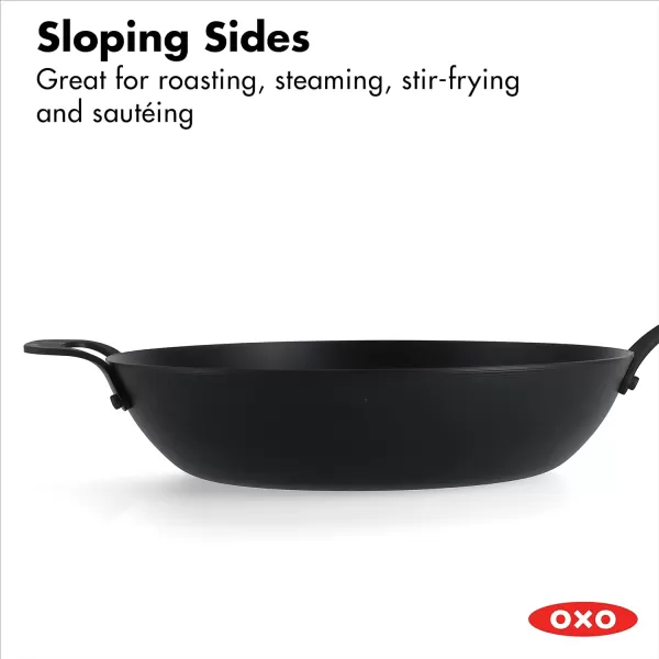 OXO Obsidian Pre-Seasoned Carbon Steel, 8" Frying Pan Skillet with Removable Silicone Handle Holder, Induction, Oven Safe, 1.8 Liters, Black