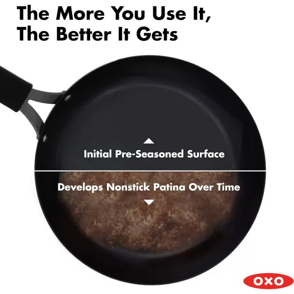 OXO Obsidian Pre-Seasoned Carbon Steel, 8" Frying Pan Skillet with Removable Silicone Handle Holder, Induction, Oven Safe, 1.8 Liters, Black