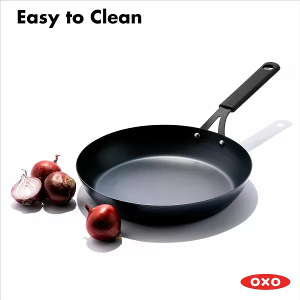 OXO Obsidian Pre-Seasoned Carbon Steel, 8" Frying Pan Skillet with Removable Silicone Handle Holder, Induction, Oven Safe, 1.8 Liters, Black