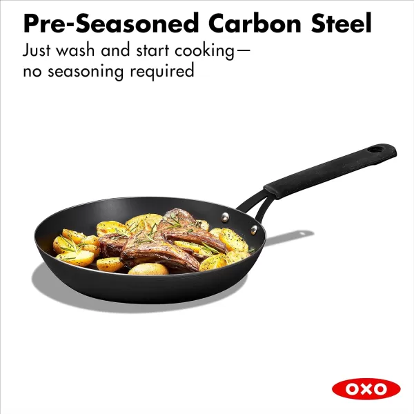 OXO Obsidian Pre-Seasoned Carbon Steel, 8" Frying Pan Skillet with Removable Silicone Handle Holder, Induction, Oven Safe, 1.8 Liters, Black