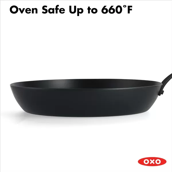 OXO Obsidian Pre-Seasoned Carbon Steel, 8" Frying Pan Skillet with Removable Silicone Handle Holder, Induction, Oven Safe, 1.8 Liters, Black