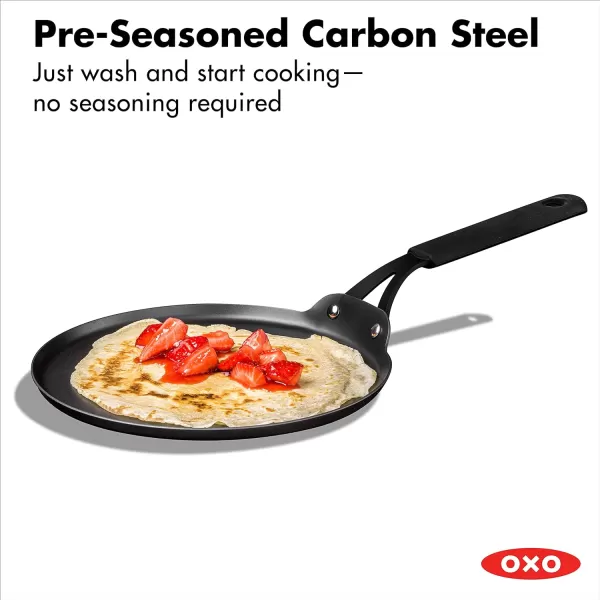 OXO Obsidian Pre-Seasoned Carbon Steel, 8" Frying Pan Skillet with Removable Silicone Handle Holder, Induction, Oven Safe, 1.8 Liters, Black