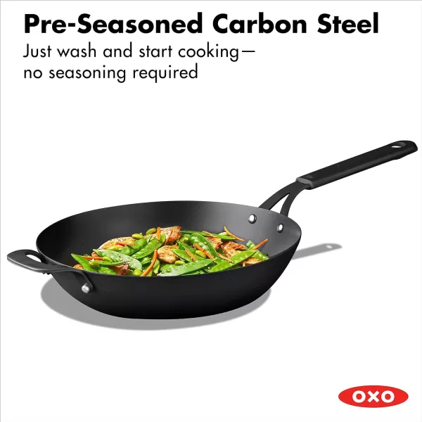 OXO Obsidian Pre-Seasoned Carbon Steel, 8" Frying Pan Skillet with Removable Silicone Handle Holder, Induction, Oven Safe, 1.8 Liters, Black