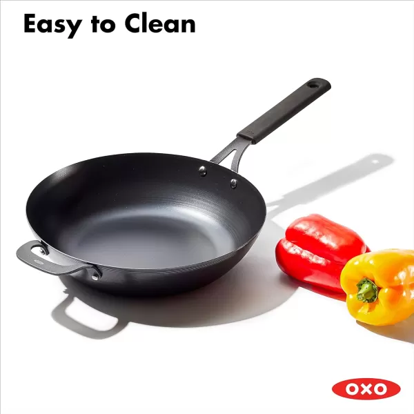 OXO Obsidian Pre-Seasoned Carbon Steel, 8" Frying Pan Skillet with Removable Silicone Handle Holder, Induction, Oven Safe, 1.8 Liters, Black