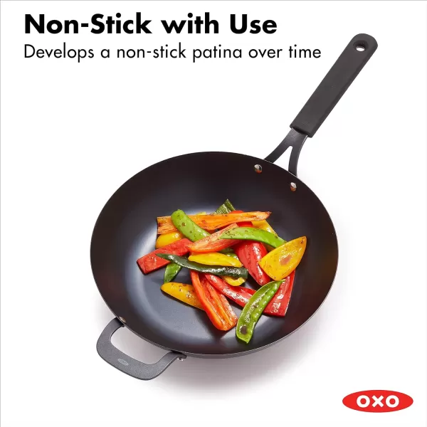 OXO Obsidian Pre-Seasoned Carbon Steel, 8" Frying Pan Skillet with Removable Silicone Handle Holder, Induction, Oven Safe, 1.8 Liters, Black