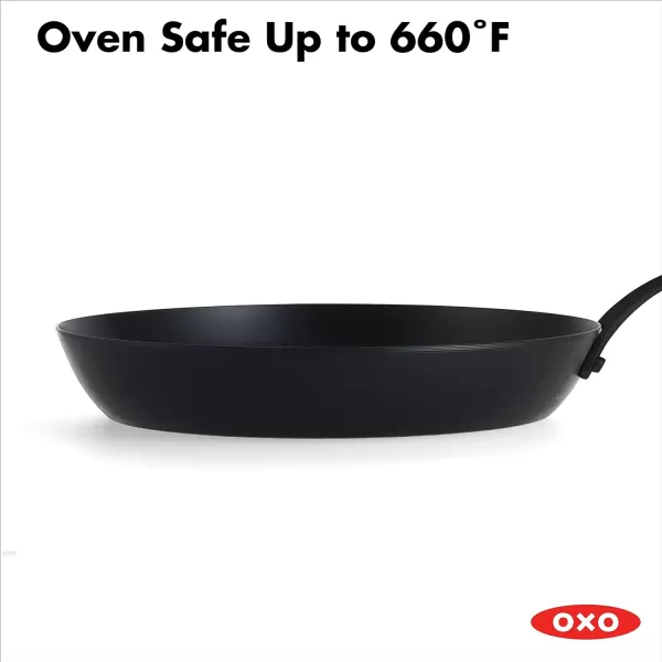 OXO Obsidian Pre-Seasoned Carbon Steel, 8" Frying Pan Skillet with Removable Silicone Handle Holder, Induction, Oven Safe, 1.8 Liters, Black