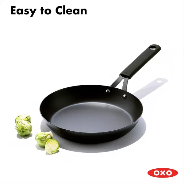 OXO Obsidian Pre-Seasoned Carbon Steel, 8" Frying Pan Skillet with Removable Silicone Handle Holder, Induction, Oven Safe, 1.8 Liters, Black