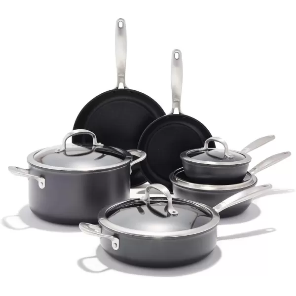 OXO Good Grips 10 Piece Cookware Pots and Pans Set, 3-Layered German Engineered Nonstick Coating, Stainless Steel Handle with Nonslip Silicone, Gray,Black