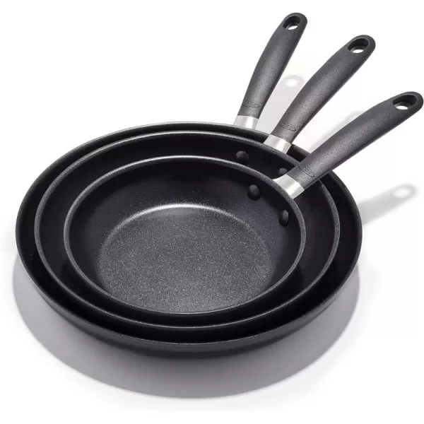 OXO Good Grips 8" 10" and 12" Frying Pan Skillet Set, 3-Layered German Engineered Nonstick Coating, Stainless Steel Handle with Nonslip Silicone, Black
