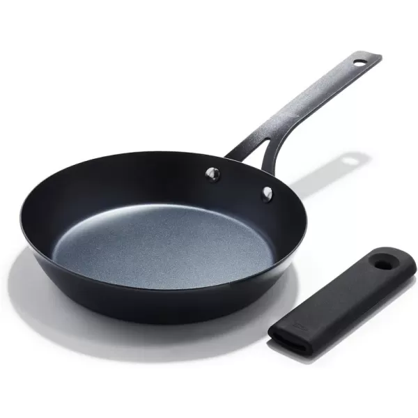 OXO Obsidian Pre-Seasoned Carbon Steel, 8" Frying Pan Skillet with Removable Silicone Handle Holder, Induction, Oven Safe, 1.8 Liters, Black