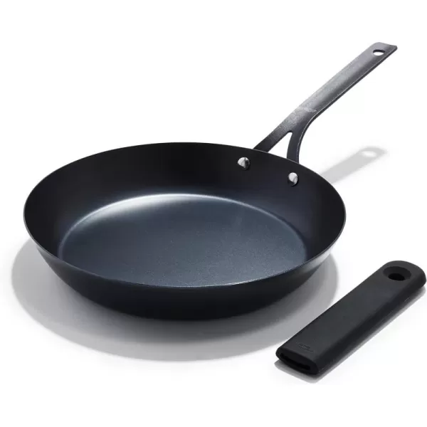 OXO Obsidian Pre-Seasoned Carbon Steel, 8" Frying Pan Skillet with Removable Silicone Handle Holder, Induction, Oven Safe, 1.8 Liters, Black
