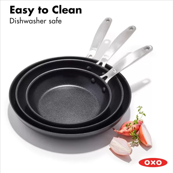 OXO Enhanced, 8" 10" and 12" 3 Piece Frying Pan Skillet Set, Healthy Ceramic Nonstick, PFAS-Free, Stainless Steel Handle, Dishwasher Safe, Oven Safe, Black