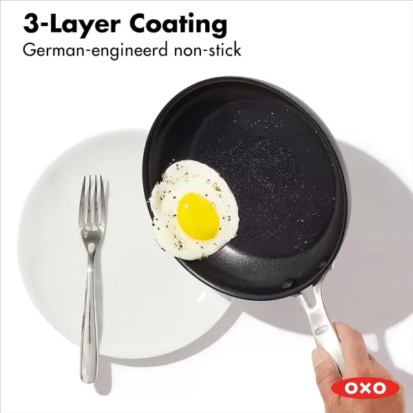 OXO Enhanced, 8" 10" and 12" 3 Piece Frying Pan Skillet Set, Healthy Ceramic Nonstick, PFAS-Free, Stainless Steel Handle, Dishwasher Safe, Oven Safe, Black