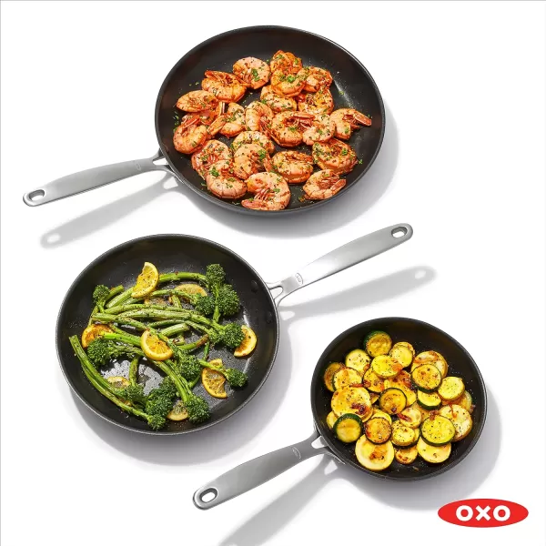 OXO Enhanced, 8" 10" and 12" 3 Piece Frying Pan Skillet Set, Healthy Ceramic Nonstick, PFAS-Free, Stainless Steel Handle, Dishwasher Safe, Oven Safe, Black