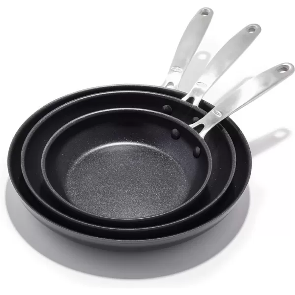 OXO Enhanced, 8" 10" and 12" 3 Piece Frying Pan Skillet Set, Healthy Ceramic Nonstick, PFAS-Free, Stainless Steel Handle, Dishwasher Safe, Oven Safe, Black