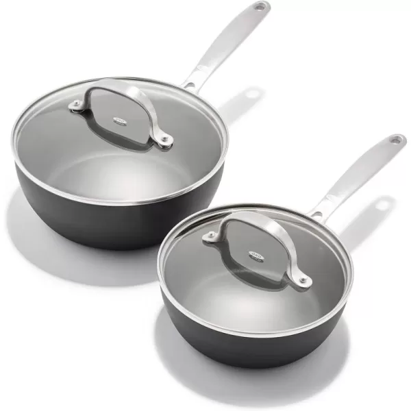 OXO Enhanced, 8" 10" and 12" 3 Piece Frying Pan Skillet Set, Healthy Ceramic Nonstick, PFAS-Free, Stainless Steel Handle, Dishwasher Safe, Oven Safe, Black