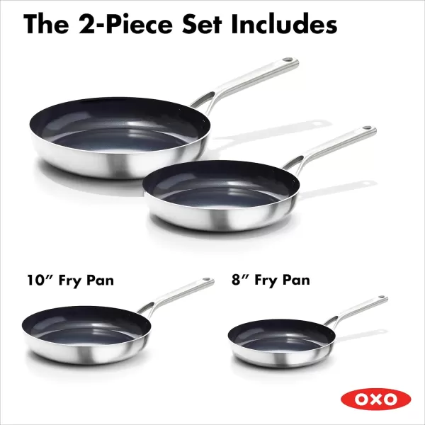 OXO Mira Tri-Ply Stainless Steel, 8" and 10" Frying Pan Skillet Set, Induction, Multi Clad, Dishwasher and Metal Utensil Safe,Black