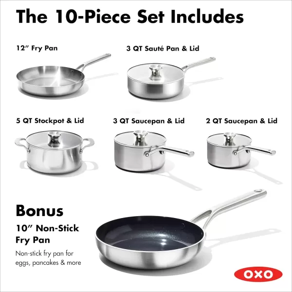 OXO Mira Tri-Ply Stainless Steel, 8" and 10" Frying Pan Skillet Set, Induction, Multi Clad, Dishwasher and Metal Utensil Safe,Black