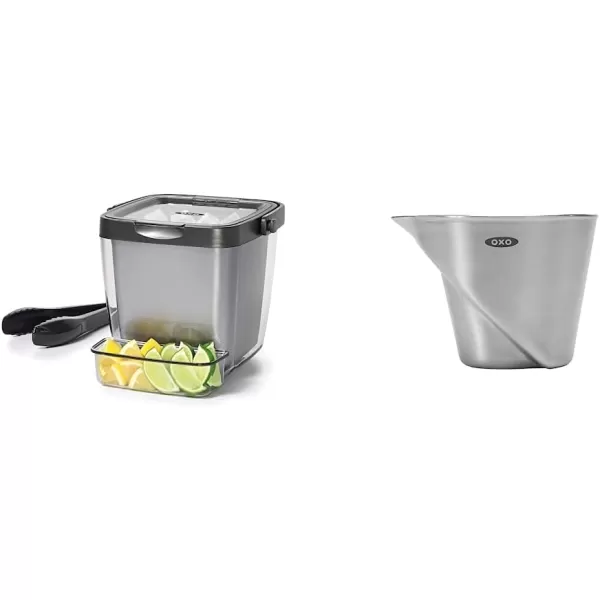 OXO Good Grips Double Wall Ice Bucket with Tongs and Garnish Tray,Gray, 7.37"L x 8.5"W x 7.5"H