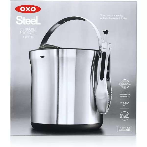 OXO Good Grips Double Wall Ice Bucket with Tongs and Garnish Tray,Gray, 7.37"L x 8.5"W x 7.5"H
