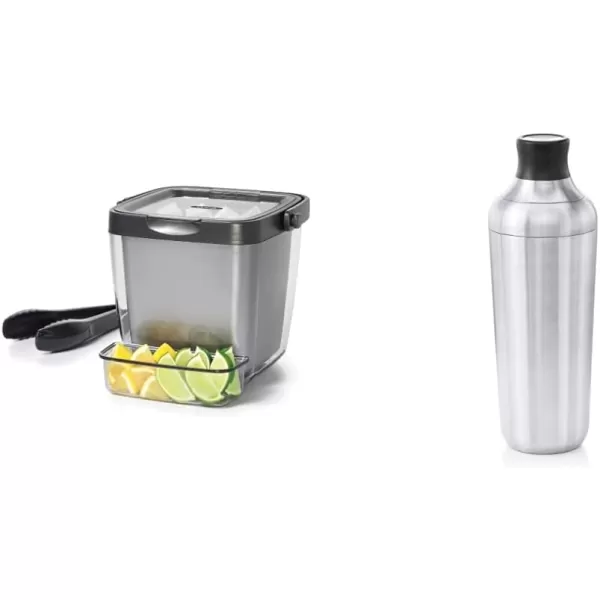 OXO Good Grips Double Wall Ice Bucket with Tongs and Garnish Tray,Gray, 7.37"L x 8.5"W x 7.5"H