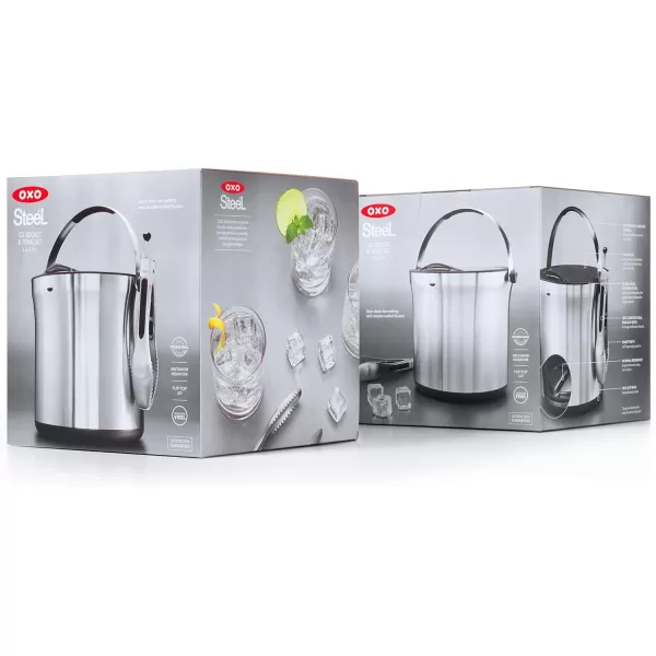 OXO Good Grips Double Wall Ice Bucket with Tongs and Garnish Tray,Gray, 7.37"L x 8.5"W x 7.5"H