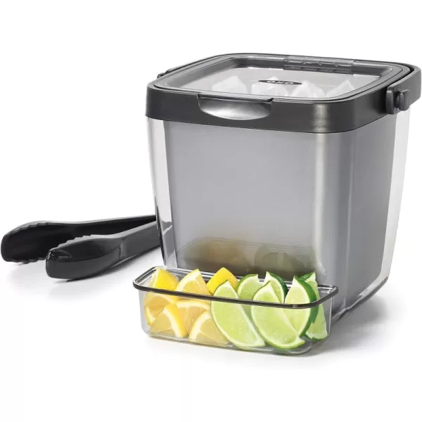 OXO Good Grips Double Wall Ice Bucket with Tongs and Garnish Tray,Gray, 7.37"L x 8.5"W x 7.5"H