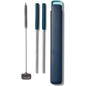 imageOXO Good Grips Stainless Steel 4 Piece Reusable Straw Set with Case  Green