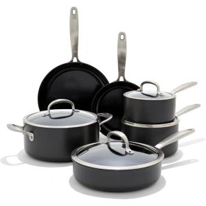 imageOXO Enhanced 10 Piece Cookware Pots and Pans Set PFASFree Ceramic Nonstick Durable Hard Anodized Cookware Scratch Resistant Stainless Steel Handle Good Grips Dishwasher Safe Oven safe Black10 Piece Cookware Set