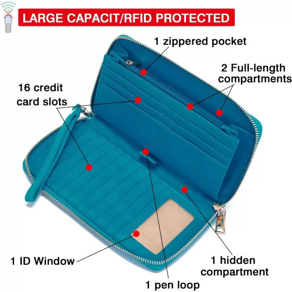 YZAOLL Women Wallet Zip Around Large Wrist Strap Wallet for Woman RFID Blocking PU Leather Credit Card Holder Checkbook Passport Wallet,MNGBlue