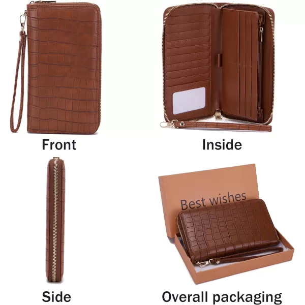YZAOLL Women's Zip-Around Wristlet Wallet with RFID-Blocking Proteceion Large Capacity PU Leather Cards Holder with Checkbook Passport Slots,Brown