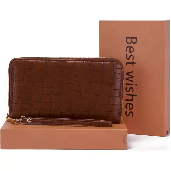 YZAOLL Women's Zip-Around Wristlet Wallet with RFID-Blocking Proteceion Large Capacity PU Leather Cards Holder with Checkbook Passport Slots,Brown